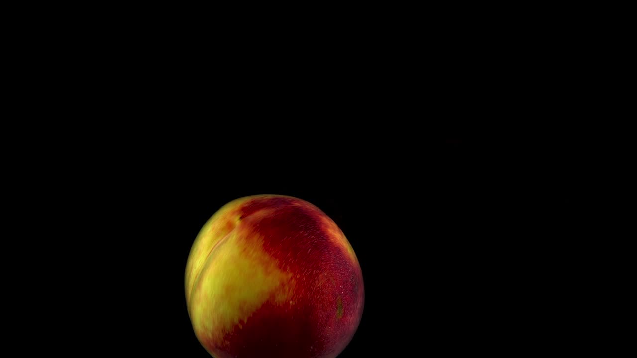 Buah Persik Jatuh ke Air dalam 4K. Terisolasi di Latar Belakang Hitam dengan Alfa. Tampilan Jarak Dekat.