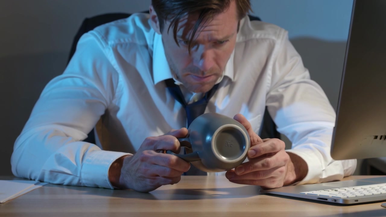 Picking up mug, worker in white shirt, tie at office desk inspecting, rotating, checking for crack