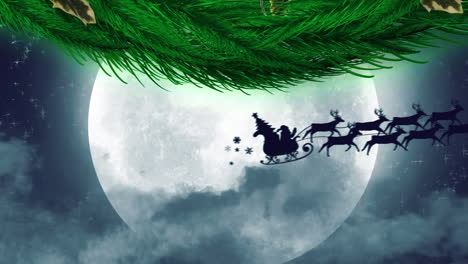 christmas wreath decoration over santa claus in sleigh being pulled by reindeers against night sky