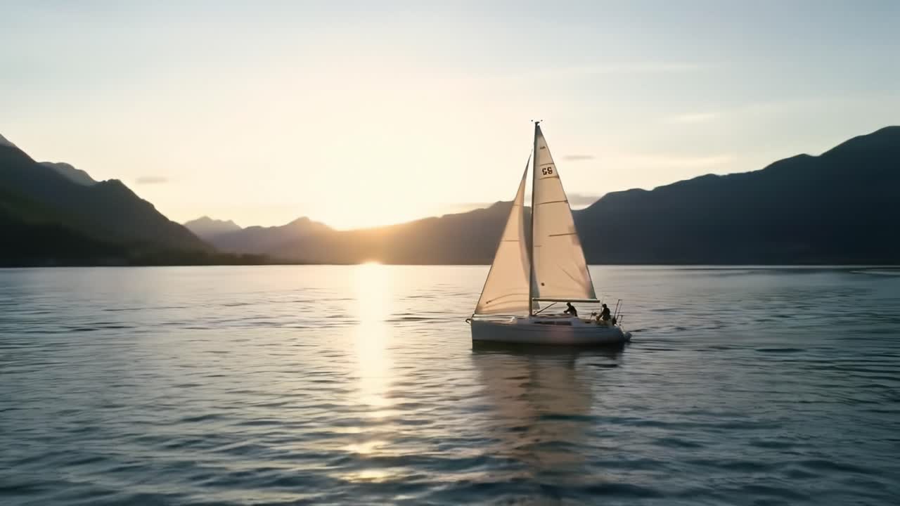 A small sailboat glides peacefully on tranquil waters during sunset. The vibrant colors of the sky reflect on the water as the mountains loom in the background.