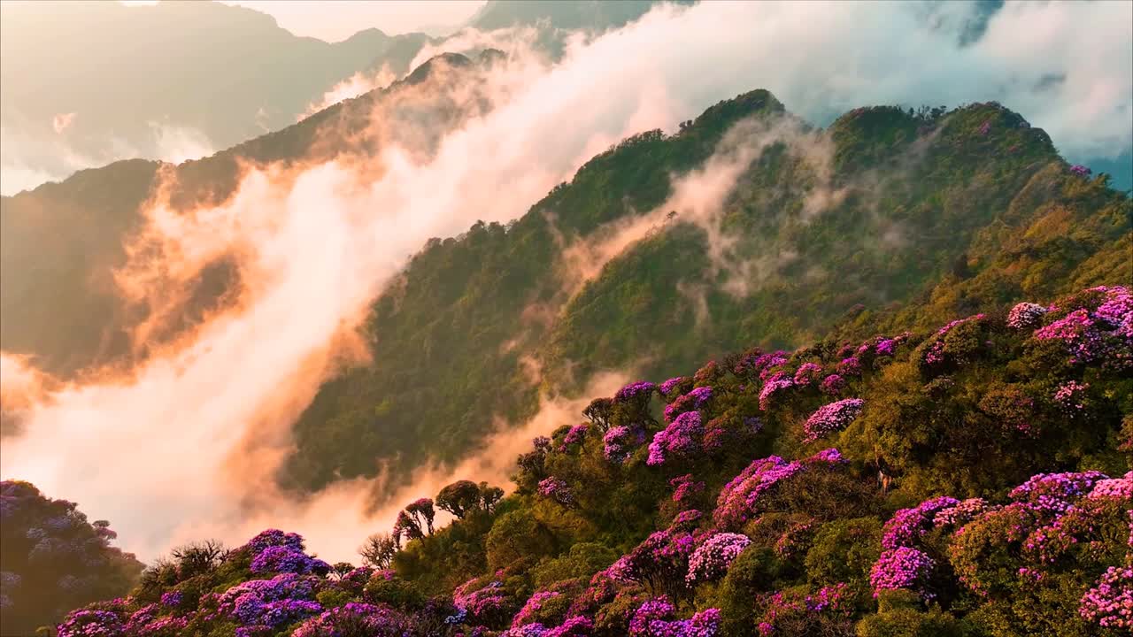 Cinematic alpine peaks with blooming azaleas in spring