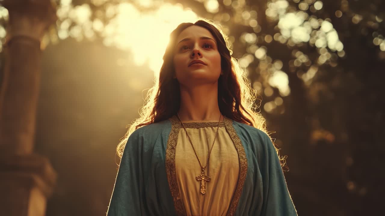 Un Momento Sereno di Riflessione: Lo Splendore di una Giovane Donna Bagnata da una Luce Dorata, che Incarna Grazia e Spiritualità su uno Sfondo di Foresta Magica.