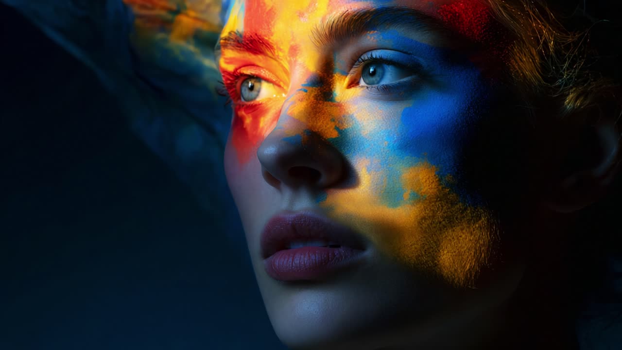 A captivating portrait revealing a person's face illuminated with vibrant colors and intricate patterns that accentuate the features and emotions, creating a stunning visual experience