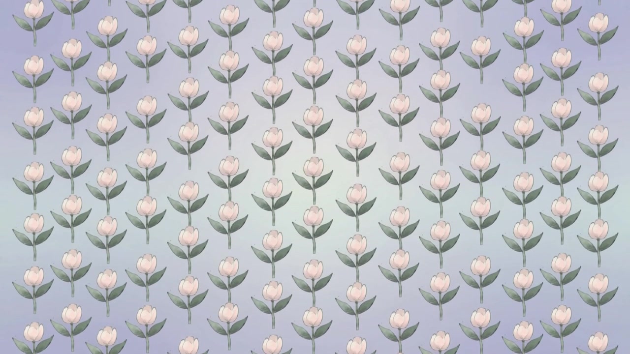 Camera recording repeating floral wallpaper motif on interior wall, showing pastel tulips
