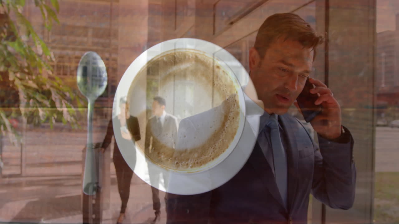 Talking on phone, businessman with coffee cup and colleagues walking outside