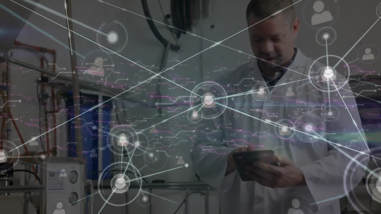 Animation of network of connections over biracial male scientist