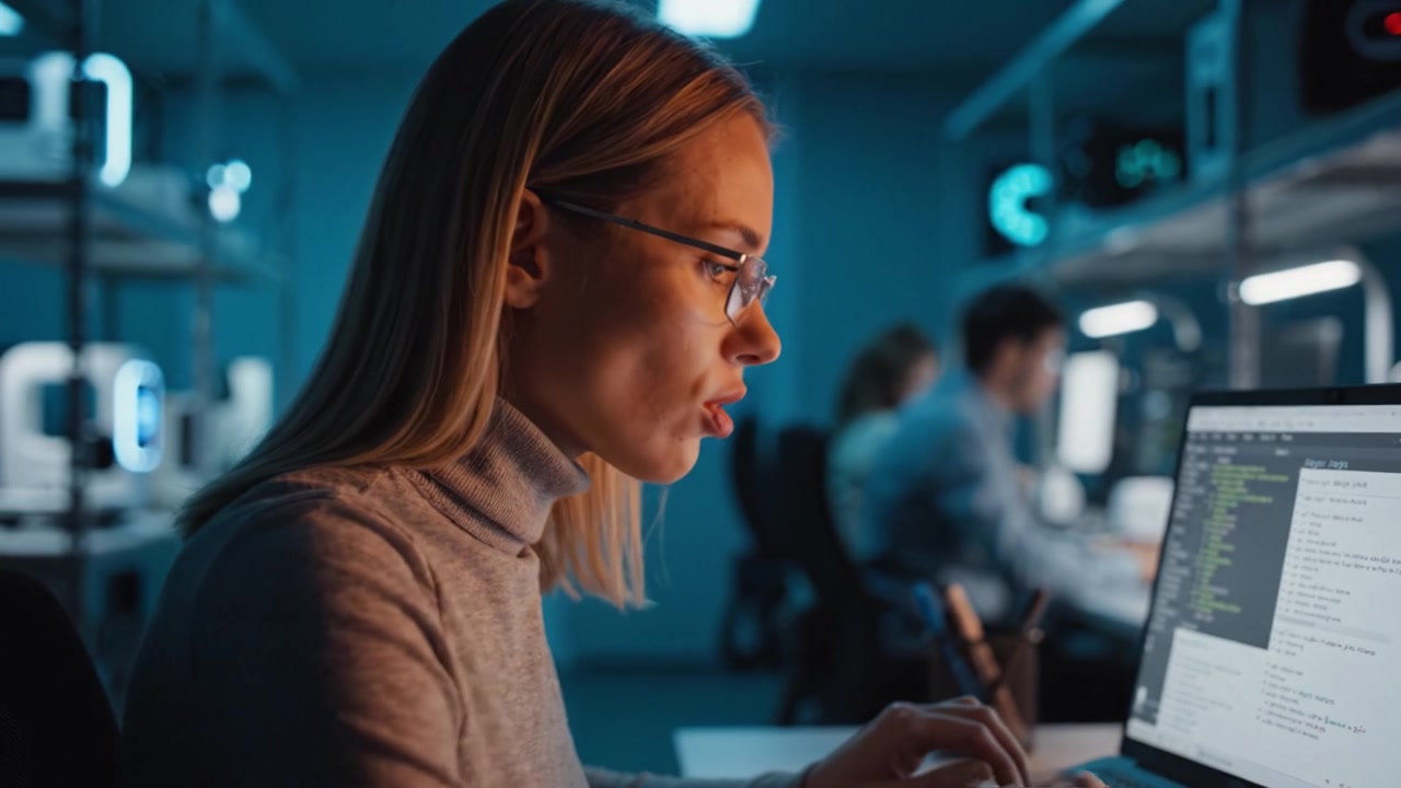 Young woman focused on her laptop screen, analyzing data and graphs in a modern office environment, highlighting concentration and technology use in her work.