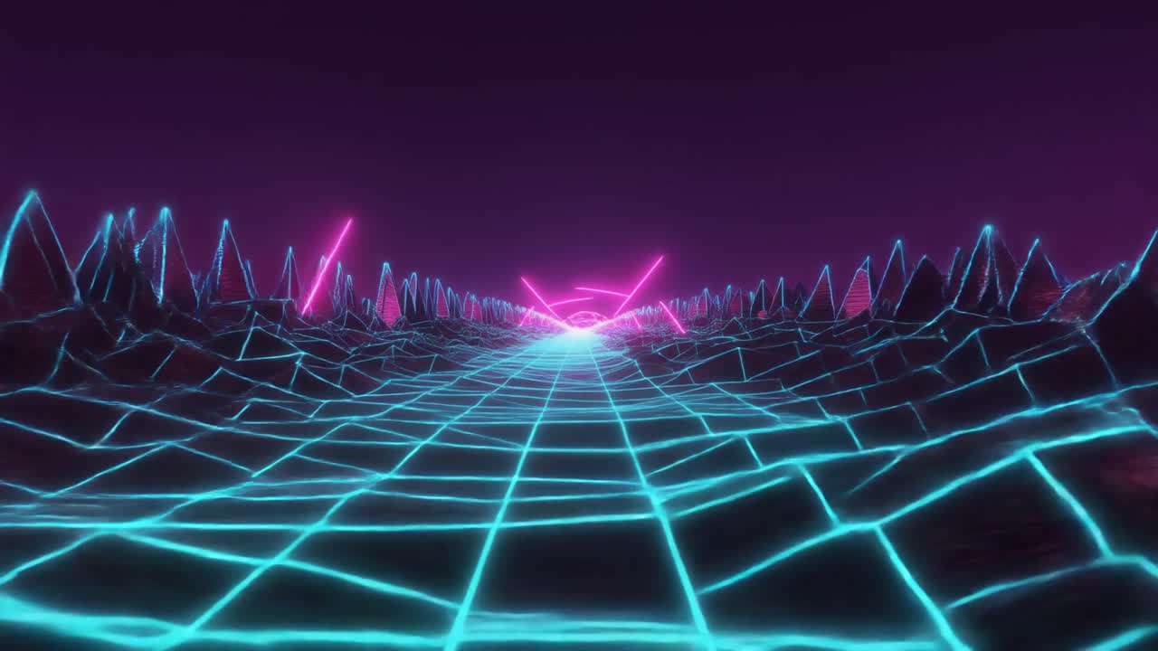 Flying Through a Retro Neon Grid Landscape