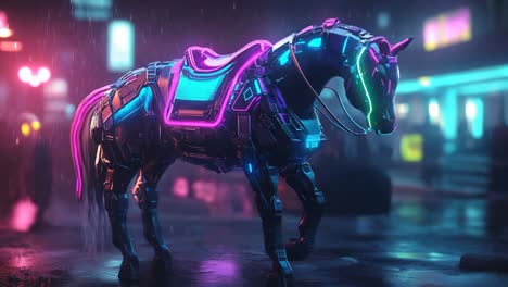 cyberpunk horse in neon rain