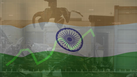 Animación-De-Ondear-La-Bandera-India-Contra-Una-Máquina-Elevadora-Hidráulica-En-Un-Depósito-De-Chatarra.