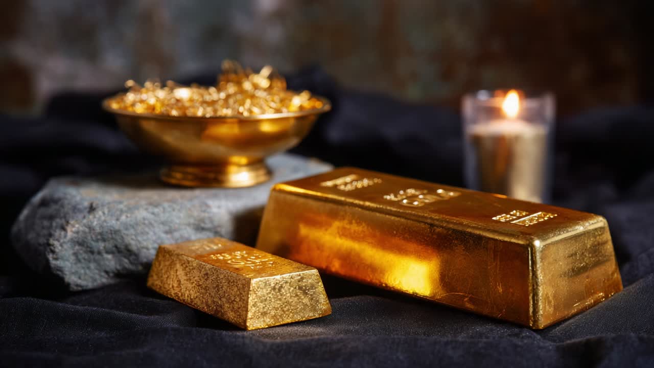 A Glimmering Display of Precious Gold Bars and Decorative Elements Capturing the Essence of Wealth and Luxury on a Dark, Textured Background with Candlelight Enhancing the Atmosphere