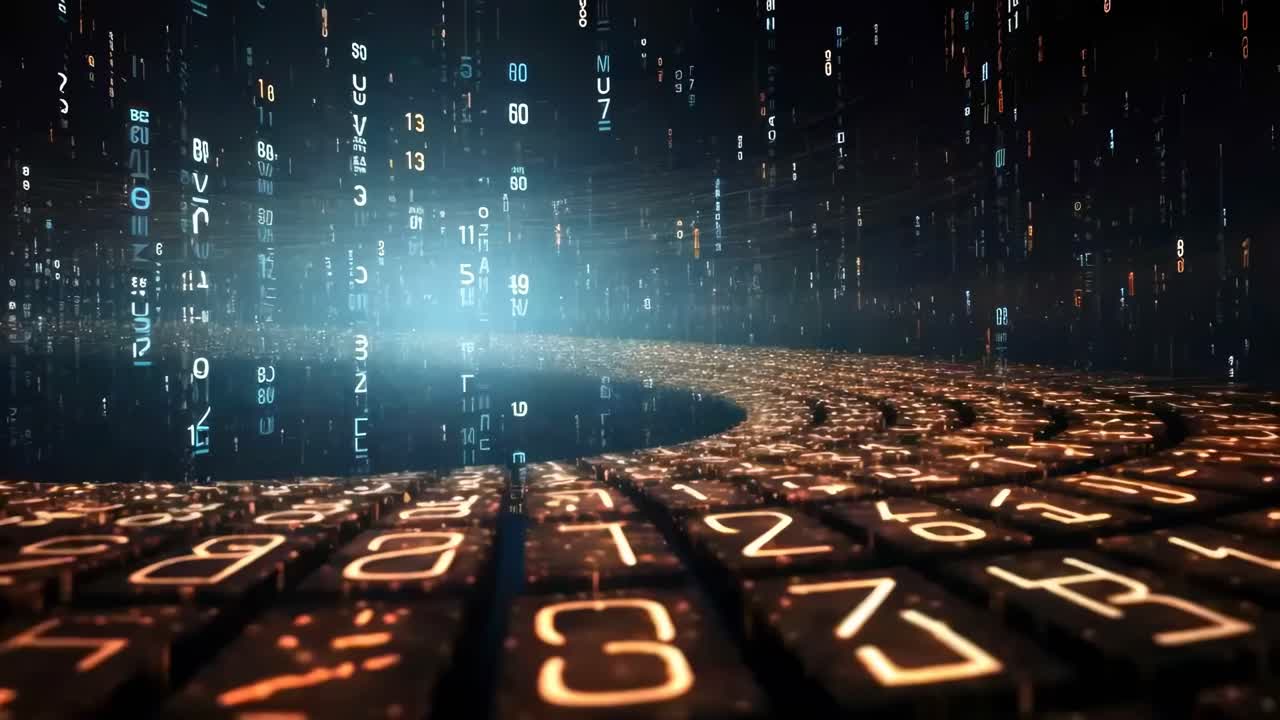 Futuristic video concept with a low-angle view of glowing binary code spiraling into the distance