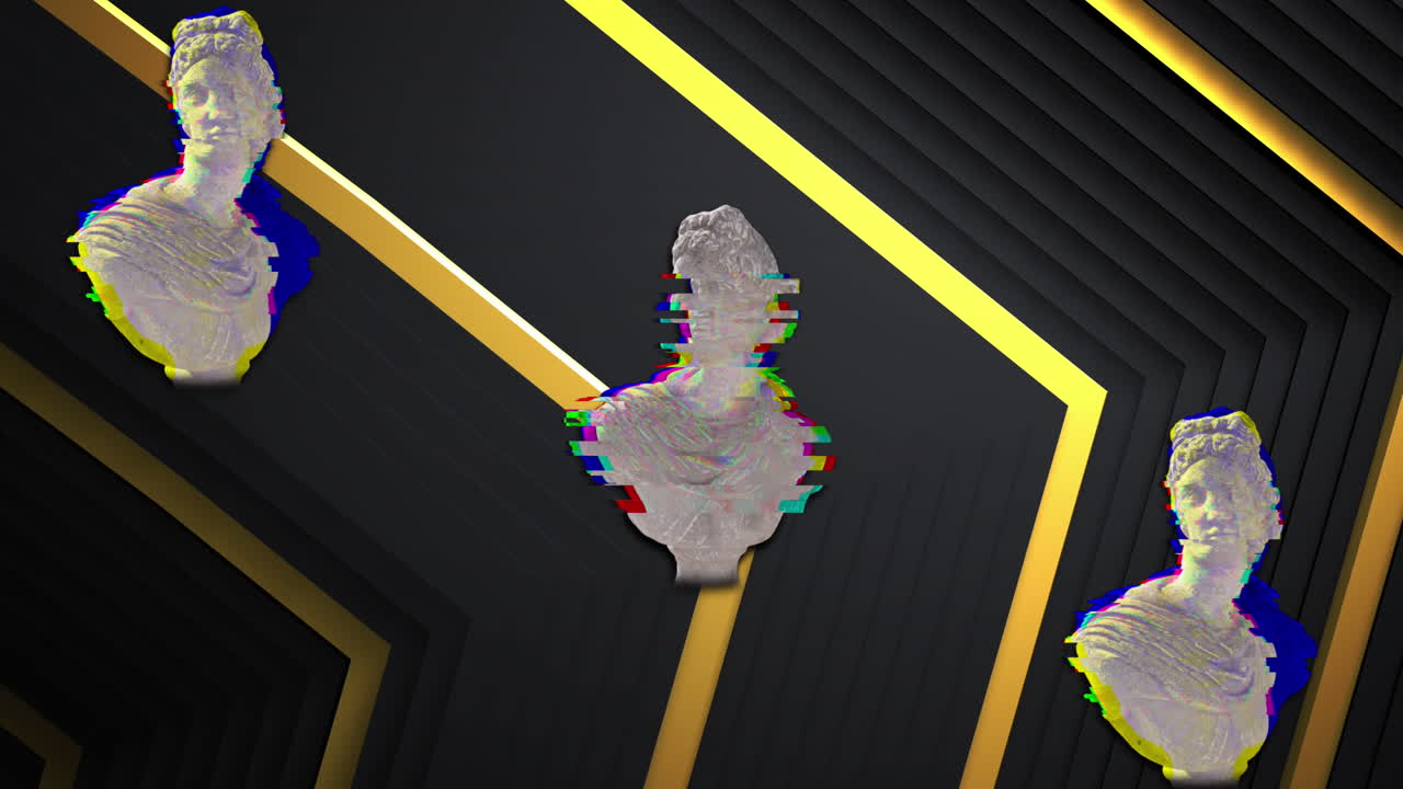 animación de bustos de esculturas clásicas distorsionadas que se mueven sobre chevrones dorados sobre un fondo negro