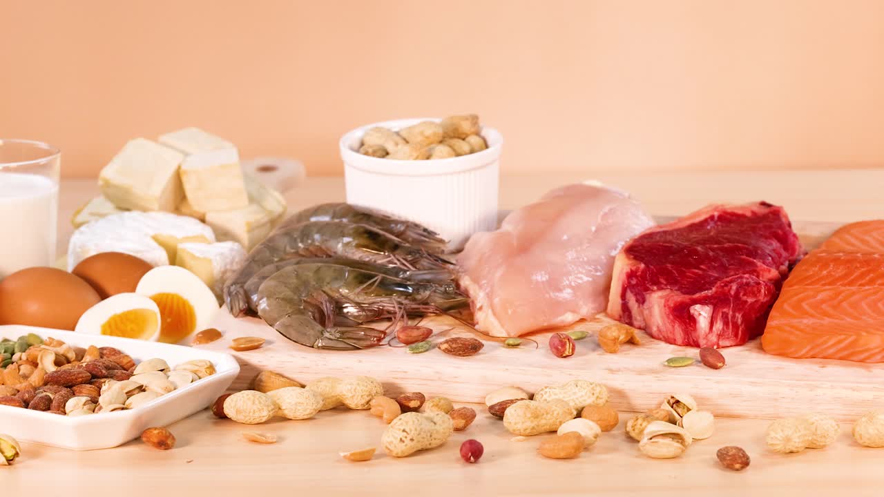 오렌지색 배경에서 단백질이 풍부한 다양한 음식