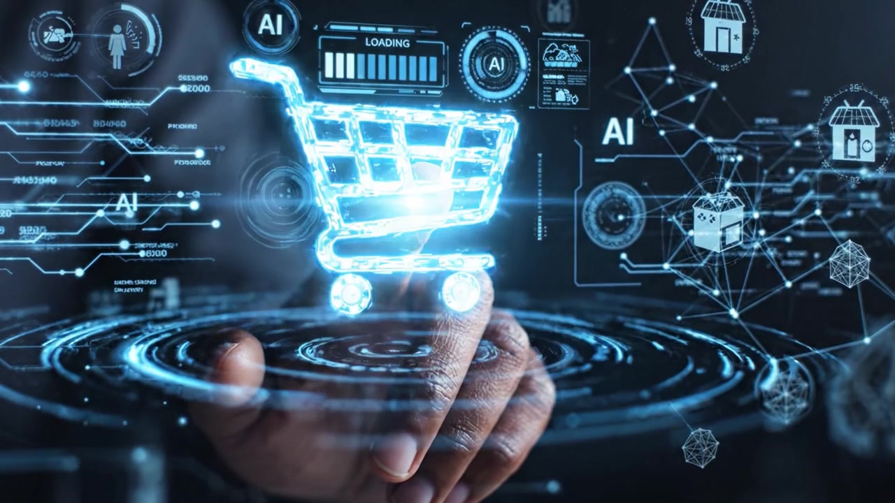 A Futuristic Touch: Engaging with AI Technology through Digital Interactions in E-commerce, Showcasing a Hand Navigating Virtual Cart Interfaces in Innovation