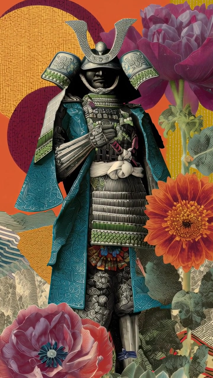 Collage vibrante di un guerriero samurai con fiori colorati