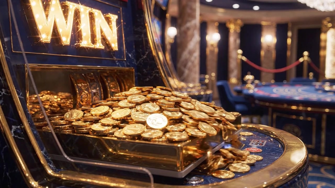 Un jackpot scintillante ti aspetta: una vista ravvicinata di una slot machine straripante di monete d'oro, che simboleggia vittoria ed eccitazione in un lussuoso ambiente da casinò.
