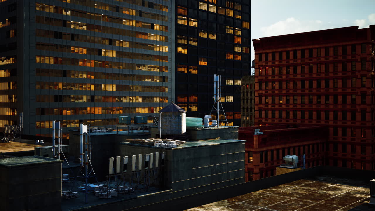 una vista de una ciudad por la noche desde un techo