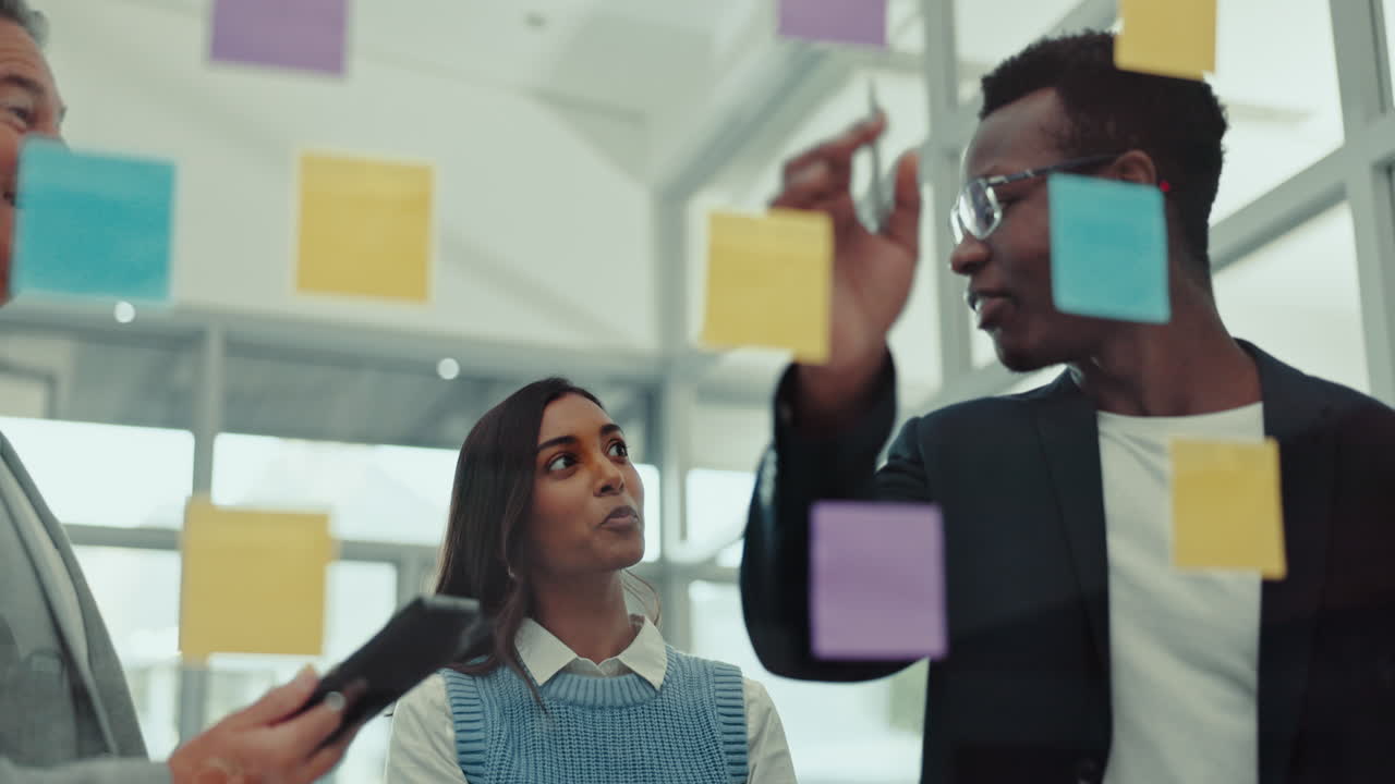 Notes, teamwork and business people by glass