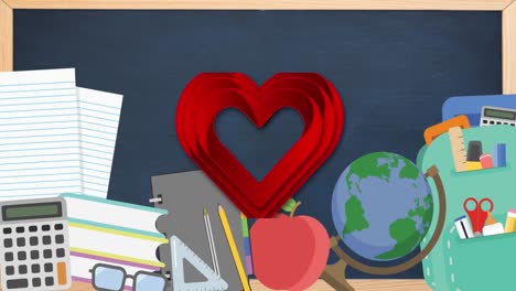 animación de un corazón rojo sobre los iconos de los artículos escolares