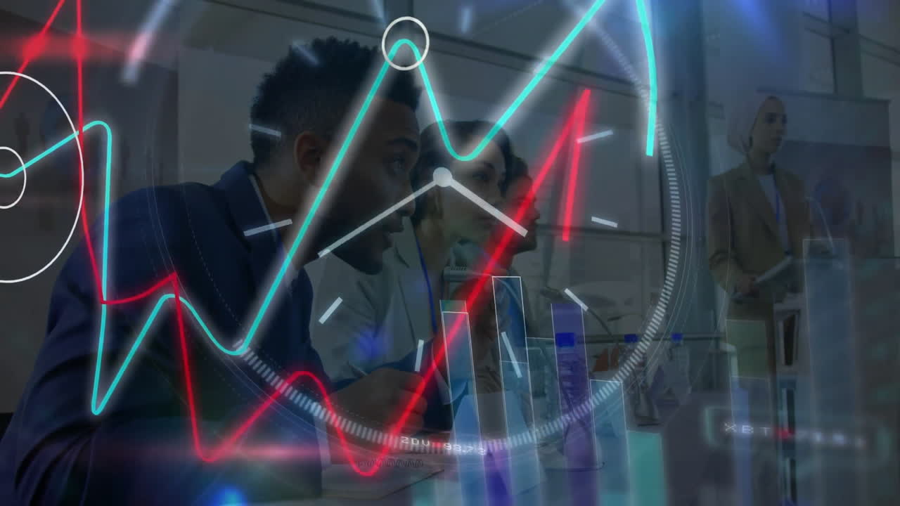 Four professionals studying holographic financial charts while presenter speaking at glass podium