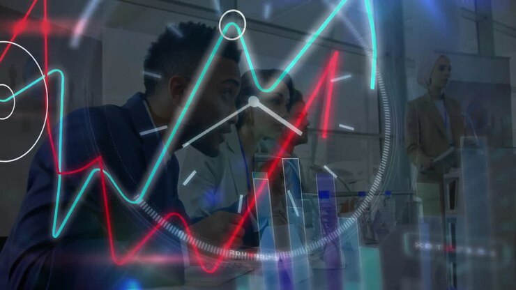 Four professionals studying holographic financial charts while presenter speaking at glass podium