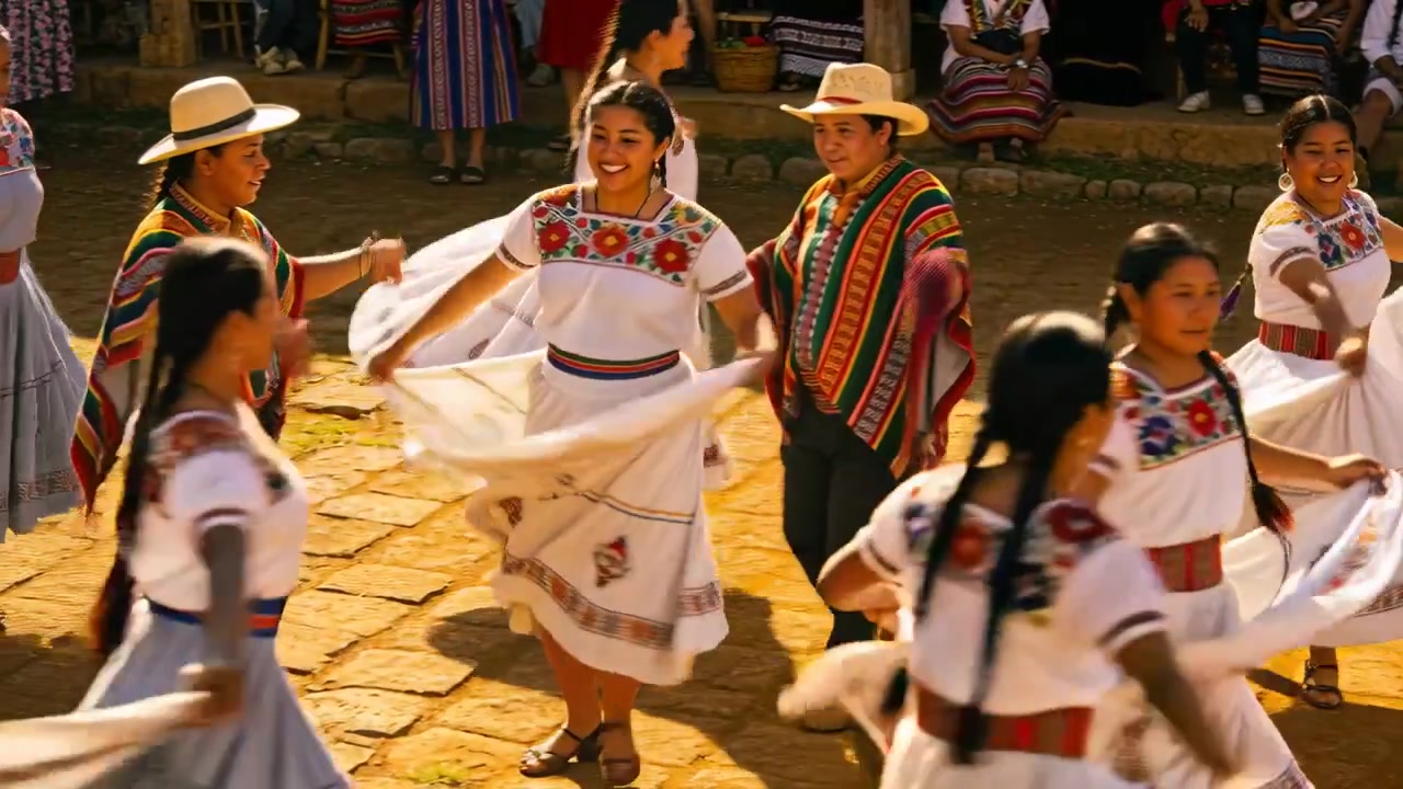 Mulheres começando a girar e levantar as saias em uma praça ensolarada para o público, com homens se juntando usando ponchos.