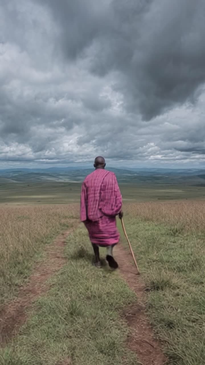 Ein Mann in traditioneller Kleidung geht durch grasbewachsene Ebenen unter einem bewölkten Himmel und verkörpert eine Verbindung zur Natur und zum Erbe in einer weiten Landschaft