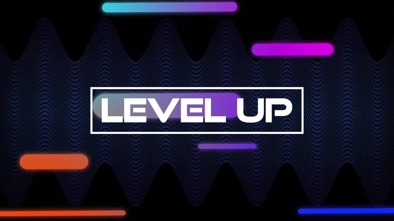 Animation of level up text over colourful lines moving