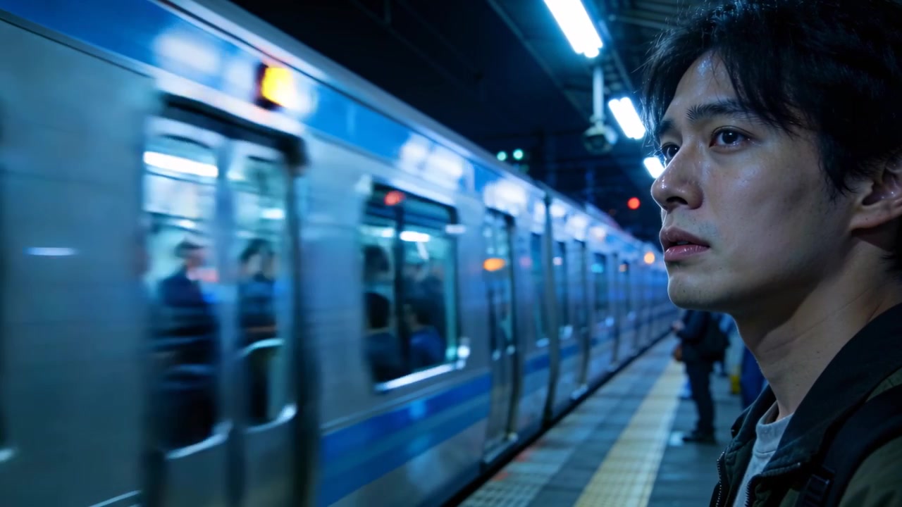 夜、プラットフォームの端で、バックパックを背負った通勤者が発車する青い電車を見送る。コピースペース。