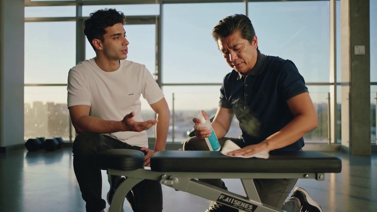 Reaching spray bottle, trainer in navy polo showing bench wiping with cloth at gym, client asking