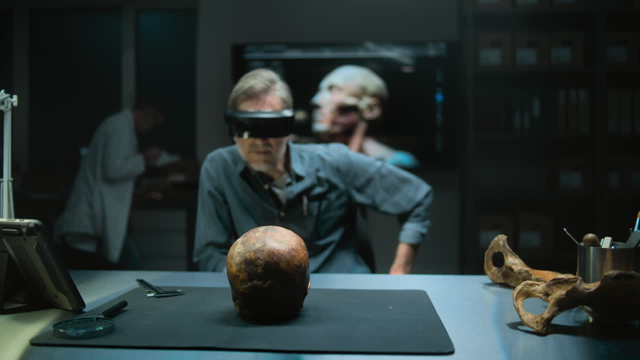 Archaeologist Examining Ancient Skull in Laboratory