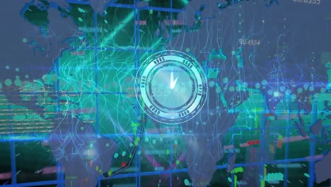 Animation-Einer-Neonfarbenen-Tickenden-Uhr-über-Der-Finanzdatenverarbeitung-Und-Einer-Weltkarte-Vor-Blauem-Hintergrund