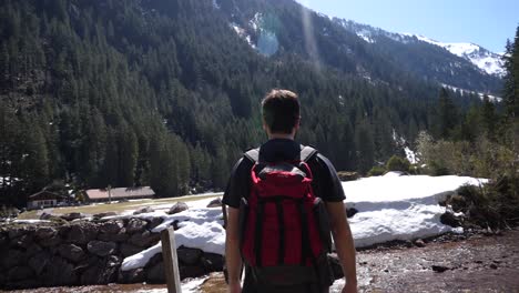 following shot of a young bearded man over a wooden bridge on a hike route in the swiss alps