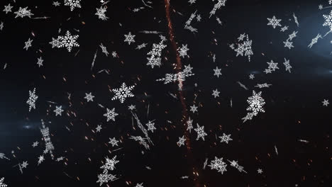 animation of snow falling over fireworks on dark background