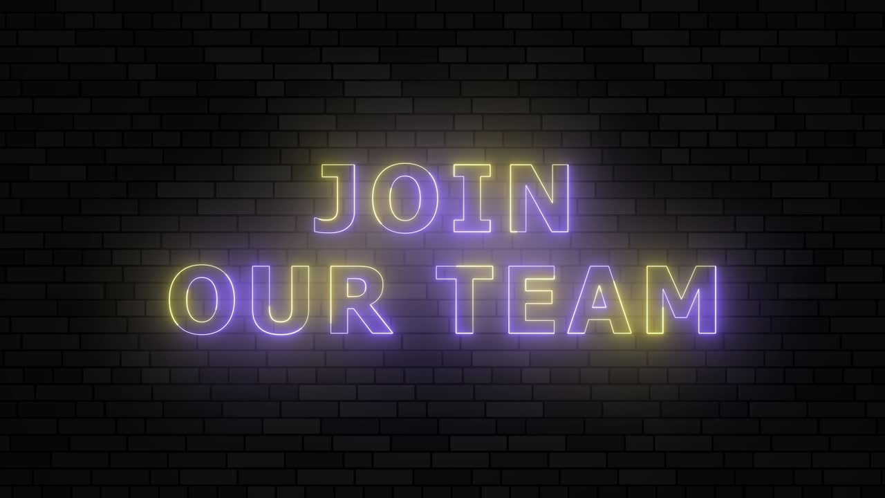 "unisciti alla nostra squadra" linee di confine al neon viola e giallo animazione del titolo. semplice testo animato a ciclo senza cuciture. tipografia 4k motion graphic