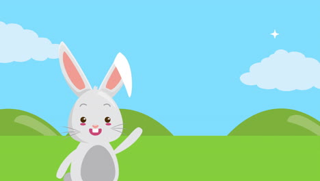 feliz pascua tarjeta animada con conejo en el campo