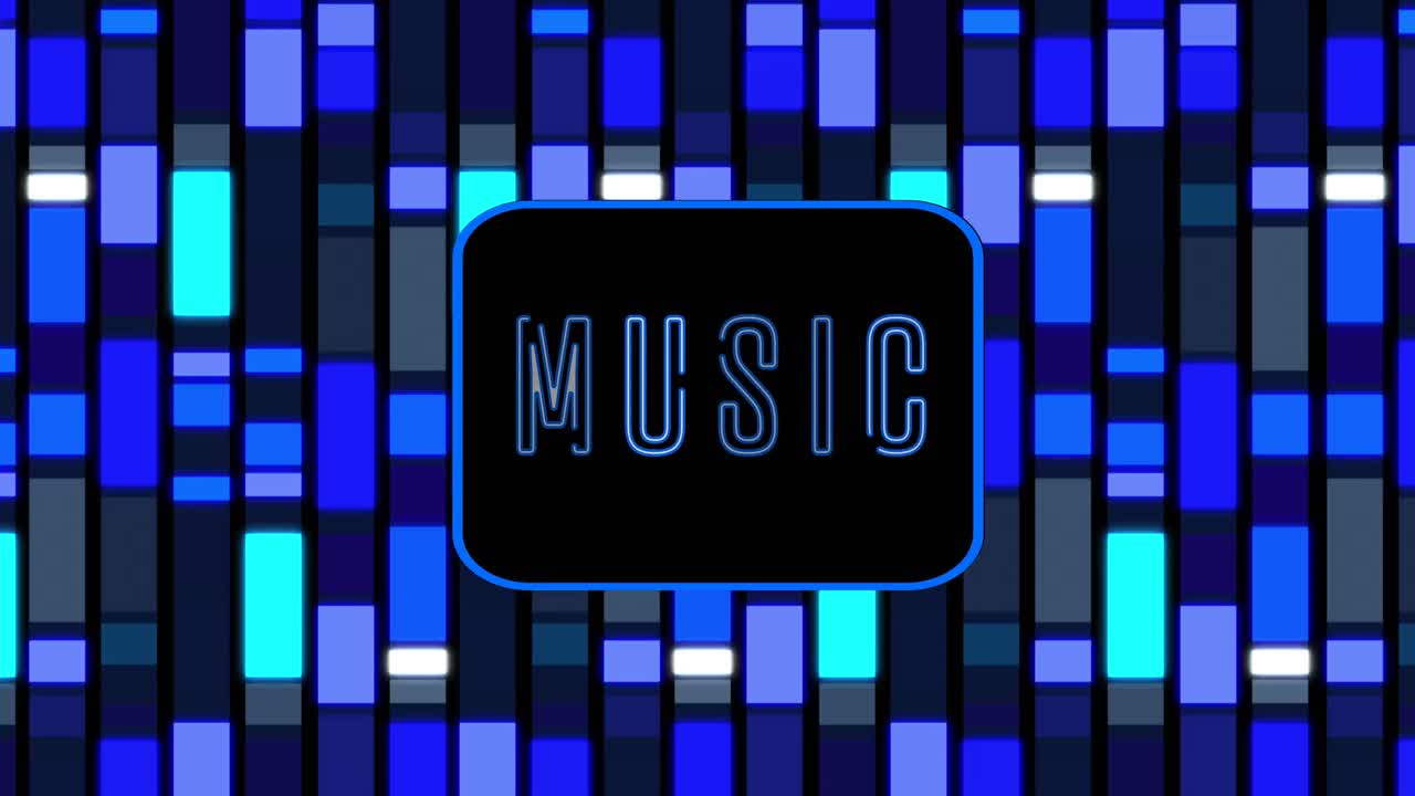 Animation von Musik-Neontext über blauen leuchtenden Rechtecken