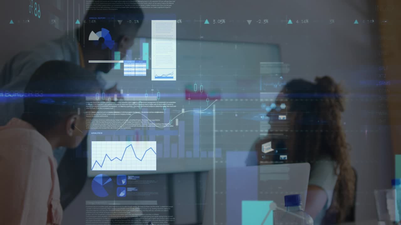 Digital charts fading in on laptop wall monitor, analytics team engaging metrics, aligning insight