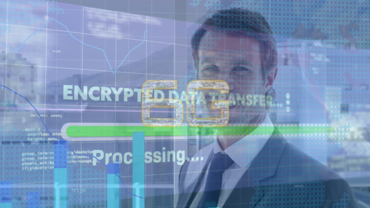animación de procesamiento de datos y texto de 6g sobre empresario caucásico en la oficina