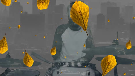 animación de hojas amarillas cayendo sobre hombre caucásico tocando tambores y paisaje urbano sobre fondo gris
