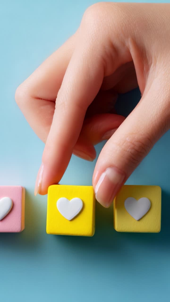 Una muestra creativa de bloques coloridos con símbolos de corazones y pulgares arriba, que exhibe una interacción lúdica entre elementos coloridos y la artesanía humana sobre un fondo brillante