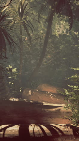 lush rainforest path illuminated by soft sunlight filtering through leaves
