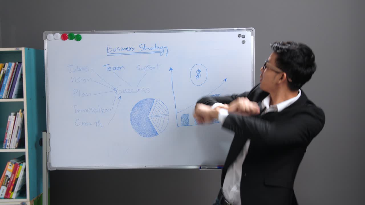 Funny Asian Businessman Dancing With Whiteboard