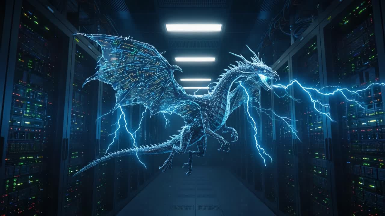 A stunningly detailed digital dragon emerges from a futuristic server room, surrounded by electric sparks and high-tech network infrastructure, showcasing an intersection of fantasy and technology