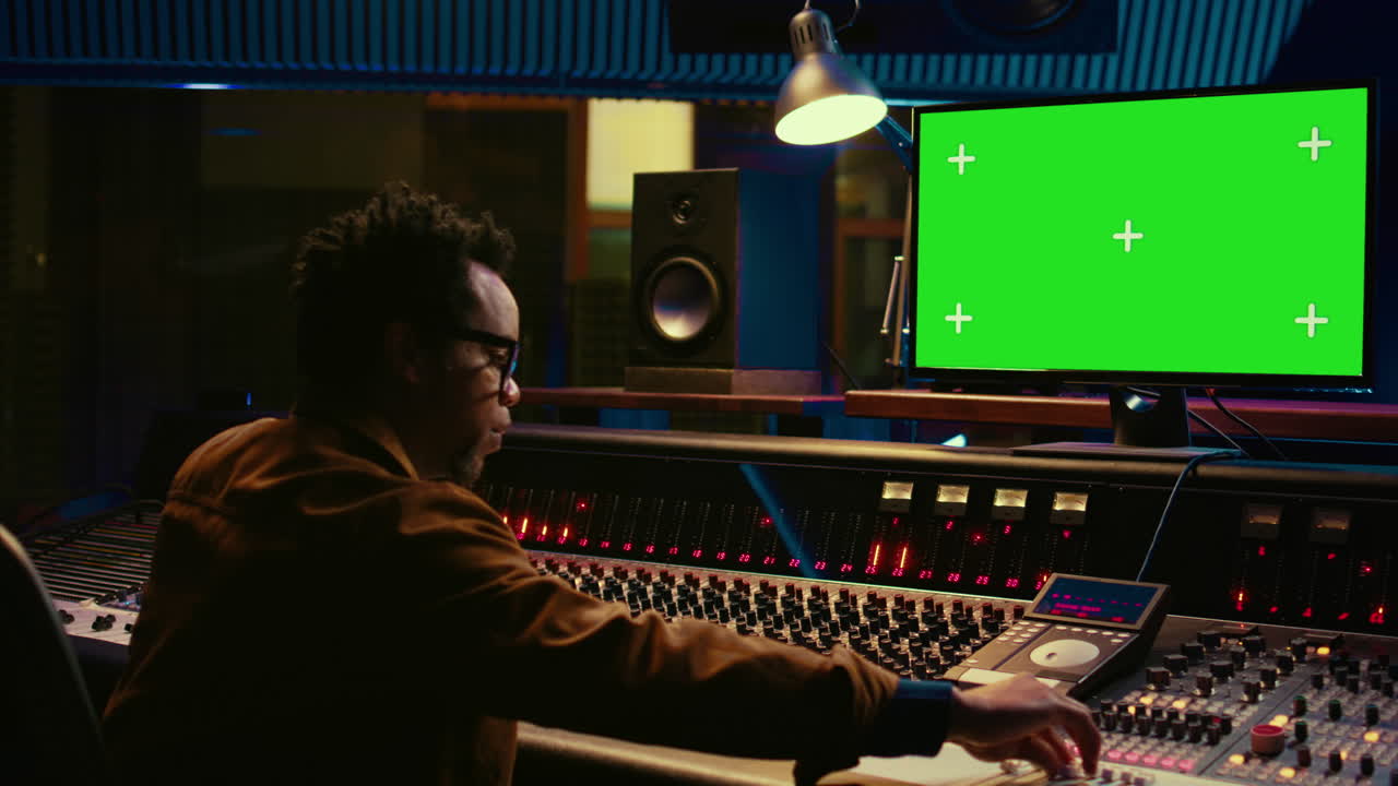 Il sound designer afroamericano guarda lo schermo verde per registrare e modificare le canzoni