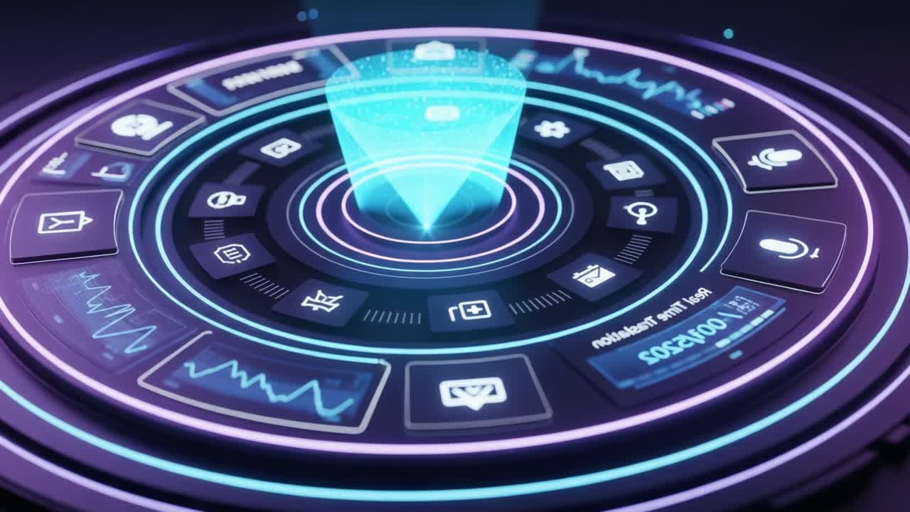 Et futuristisk, interaktivt dashboard, der viser forskellige digitale ikoner og datavisualiseringer i en højteknologisk grænseflade med fokus på brugerinteraktion og forbindelse