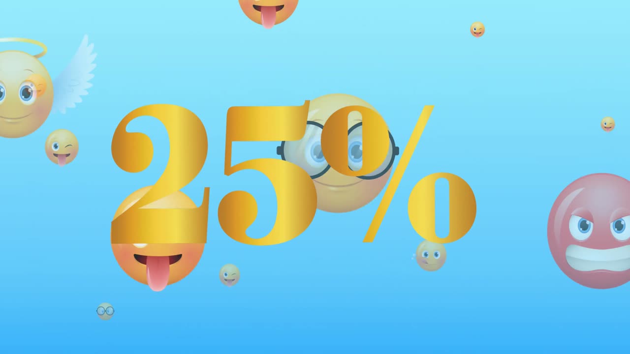 animación de 25 por ciento de texto dorado sobre emojis en fondo azul