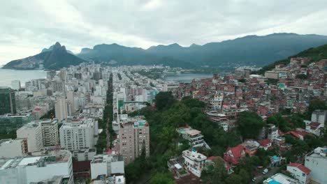 Aerial-orbit-in-a-favela-in-Copacabana-contrast-of-architecture-and-Brazilian-classism,-Rio-de-Janerio-Brazil