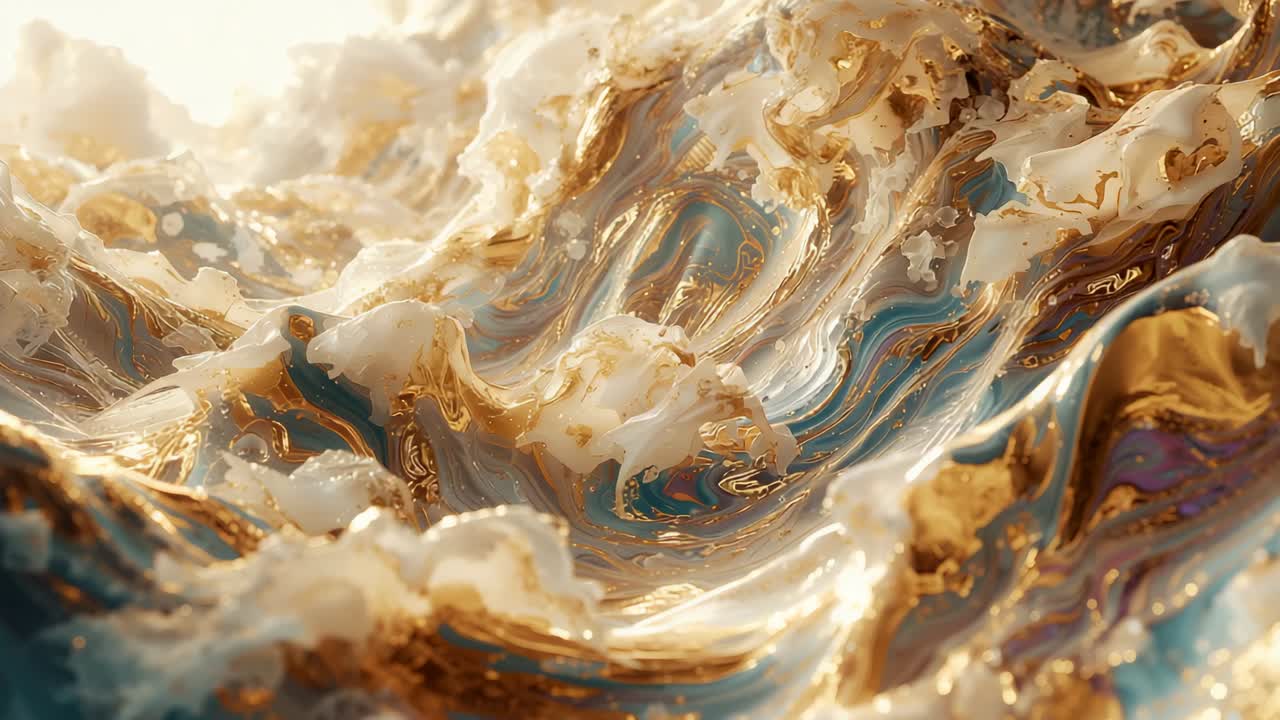 Rippling abstract metallic fluid wave on sequence start, curling golden folds under soft backlight